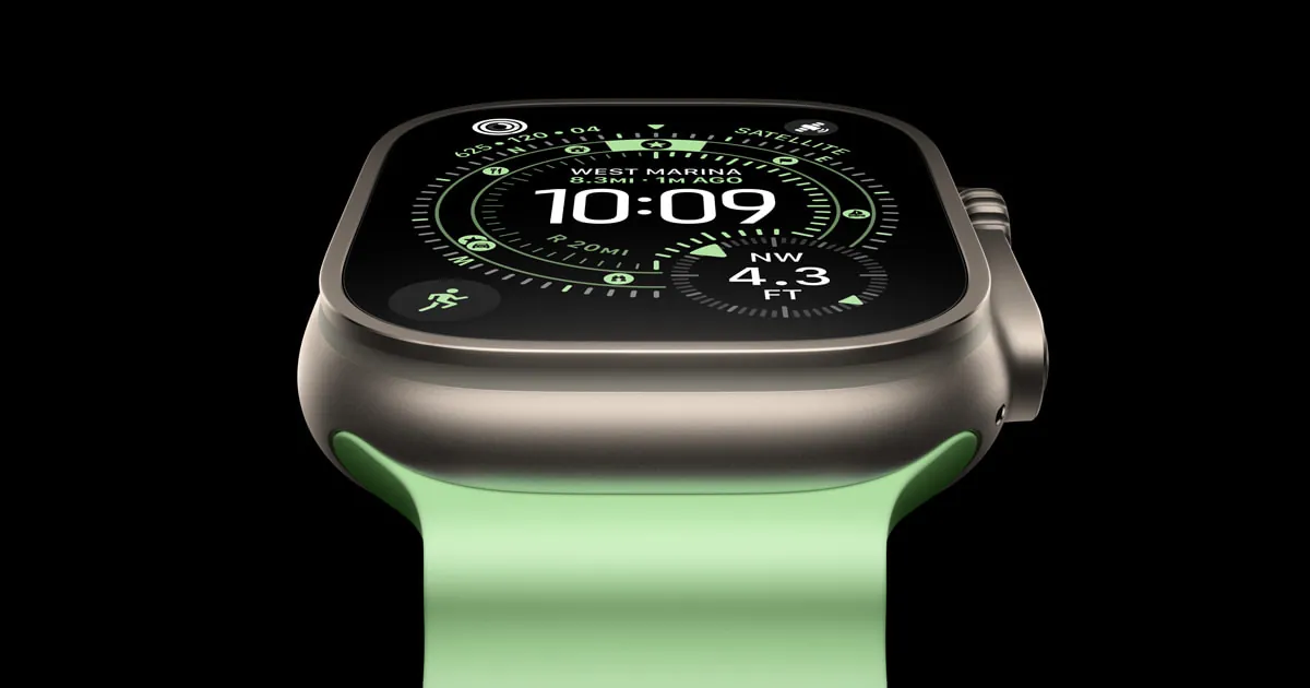 Apple Watch Ultra 3 shown as a rugged titanium smartwatch against a dark gradient backdrop