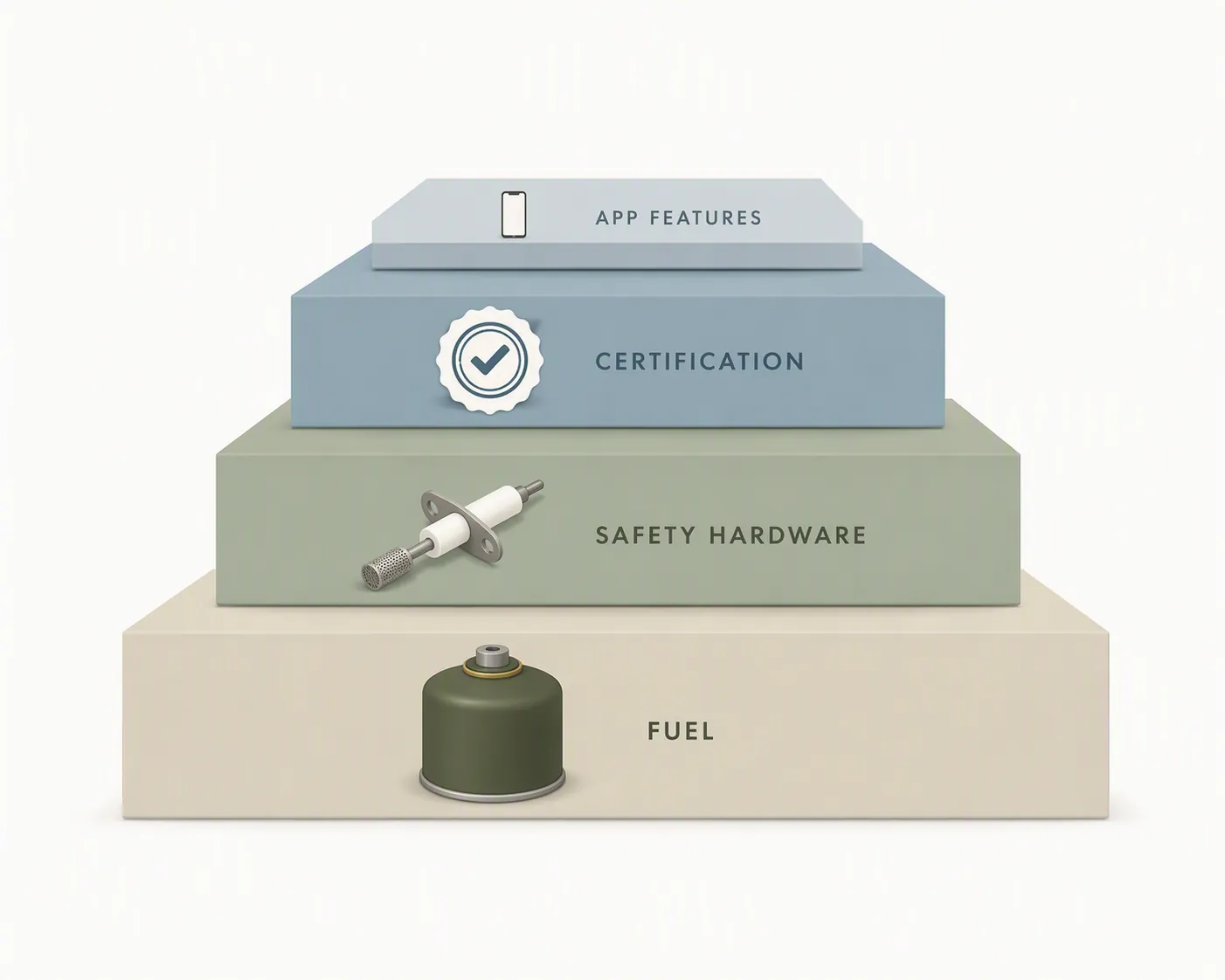 Four-layer safety verification stack showing fuel, safety hardware, certification, and app features