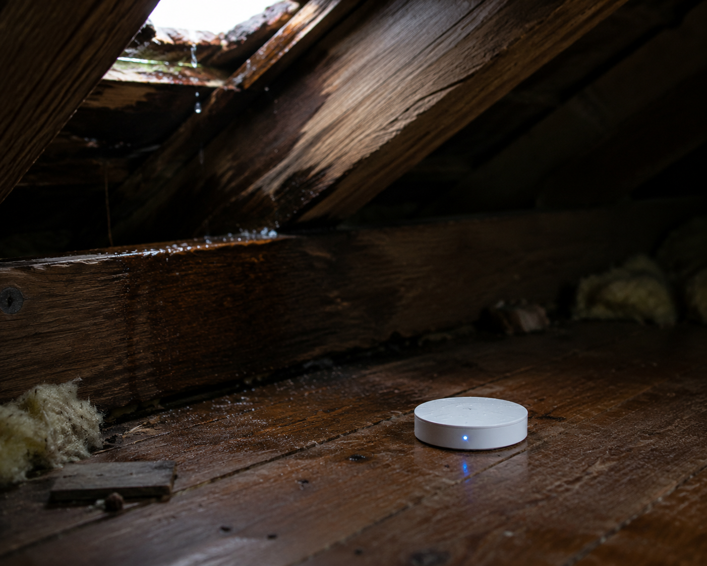 Flood sensor detecting water intrusion in a dim attic after roof damage