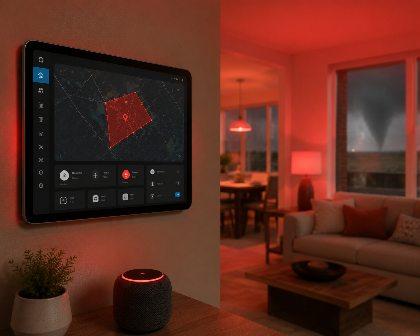 Home Assistant tornado warning dashboard with red smart lights and a smart speaker in a modern home