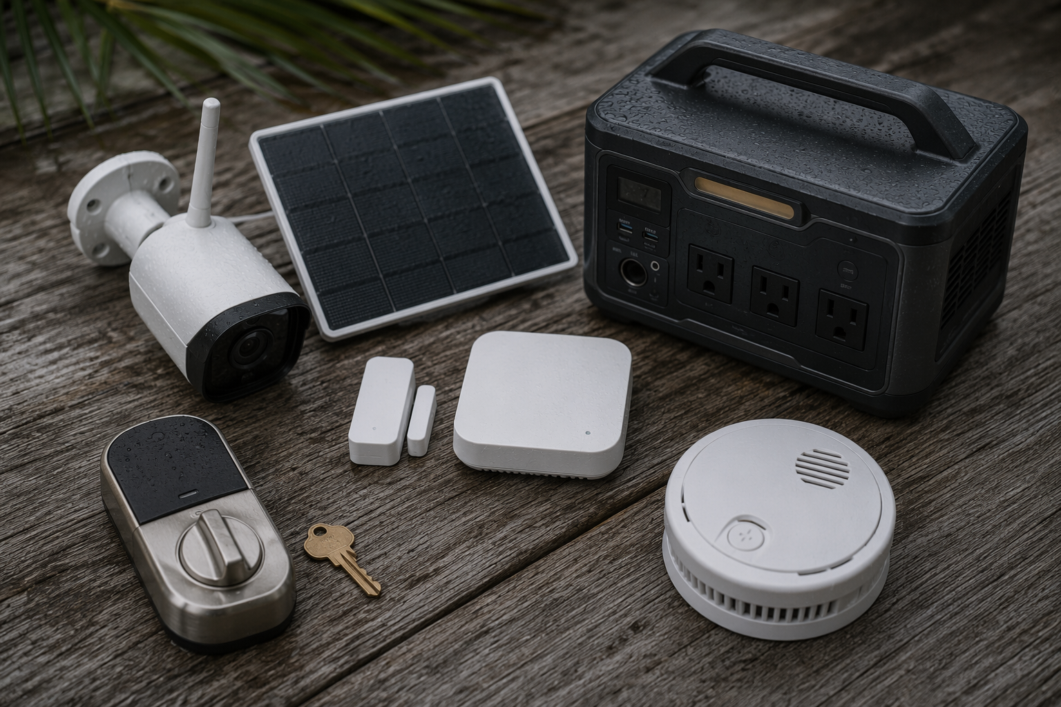 Flat lay of hurricane smart-home gear including a cellular camera, sensor, power station, smart lock, and smoke alarm.