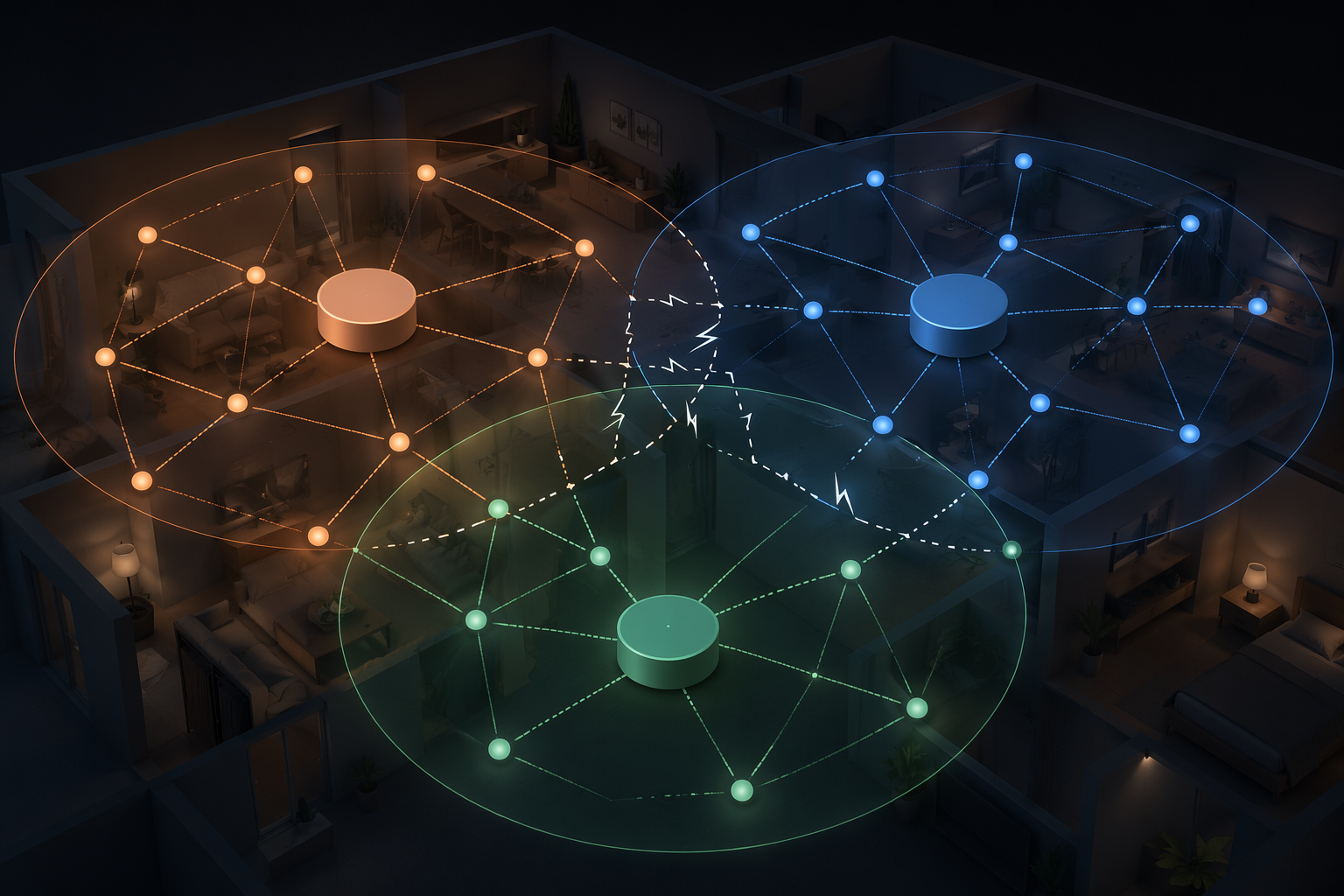 Three smart home hub shapes emitting overlapping mesh networks that clash and fragment