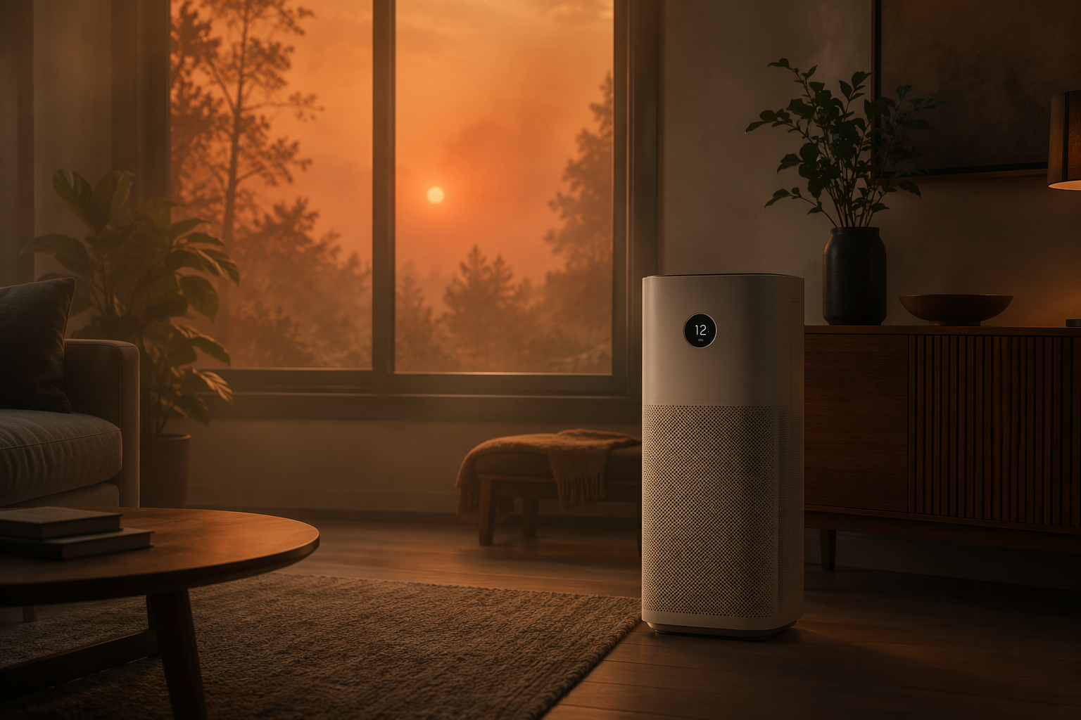 A modern air purifier running in a hazy living room during wildfire season