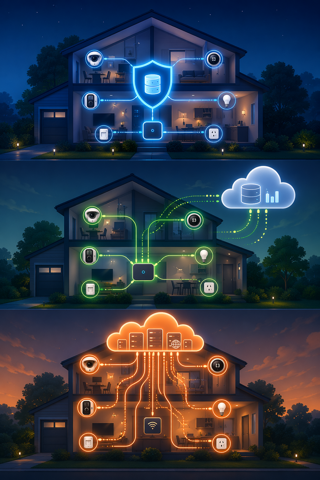Three tiers of smart home privacy from local-only control to partial cloud use and extensive cloud data pipelines