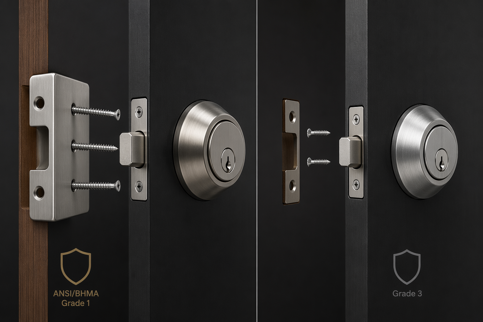 Side-by-side comparison of a heavy-duty smart deadbolt with thick strike hardware and a lighter smart lock with shorter screws
