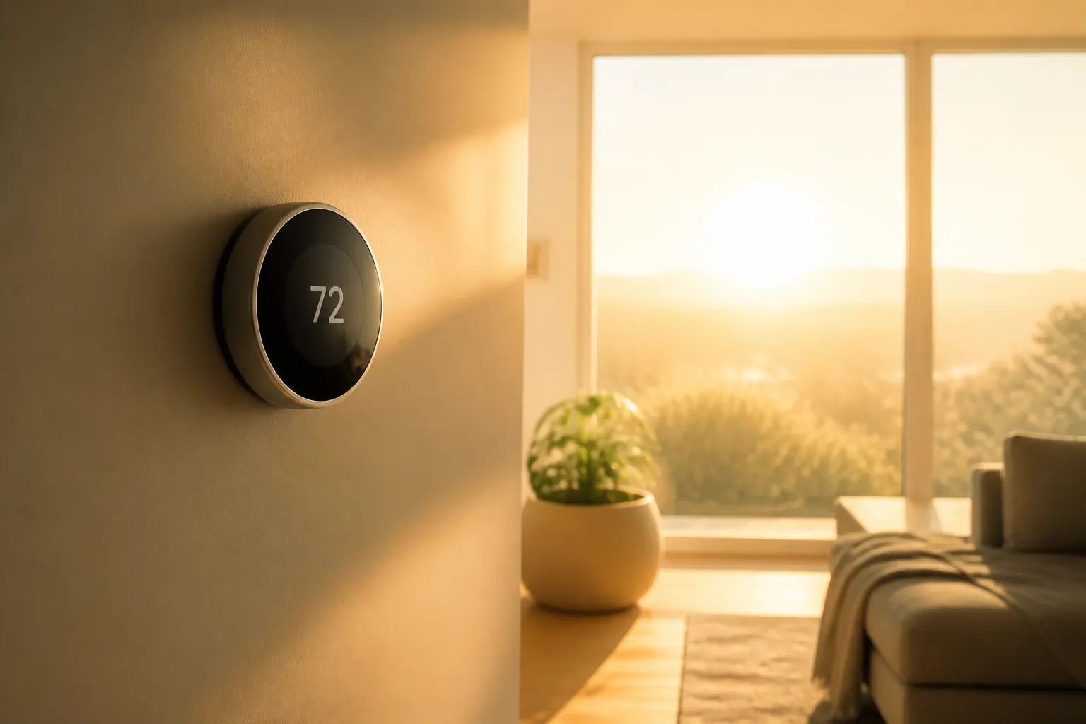 Round smart thermostat on a warm wall during hazy summer sunlight