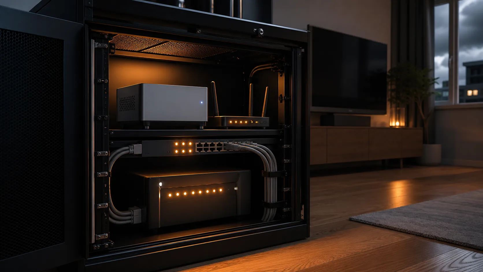 Home server cabinet with UPS battery backup powering a Home Assistant server, router, and network switch during an outage
