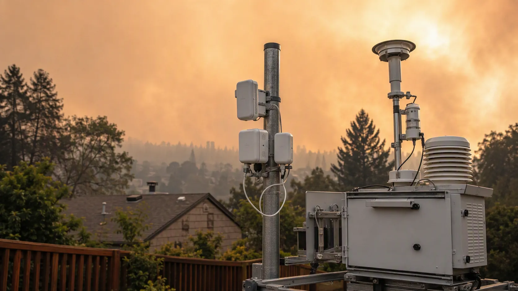 Consumer air quality monitors mounted near a professional reference station during smoky field testing
