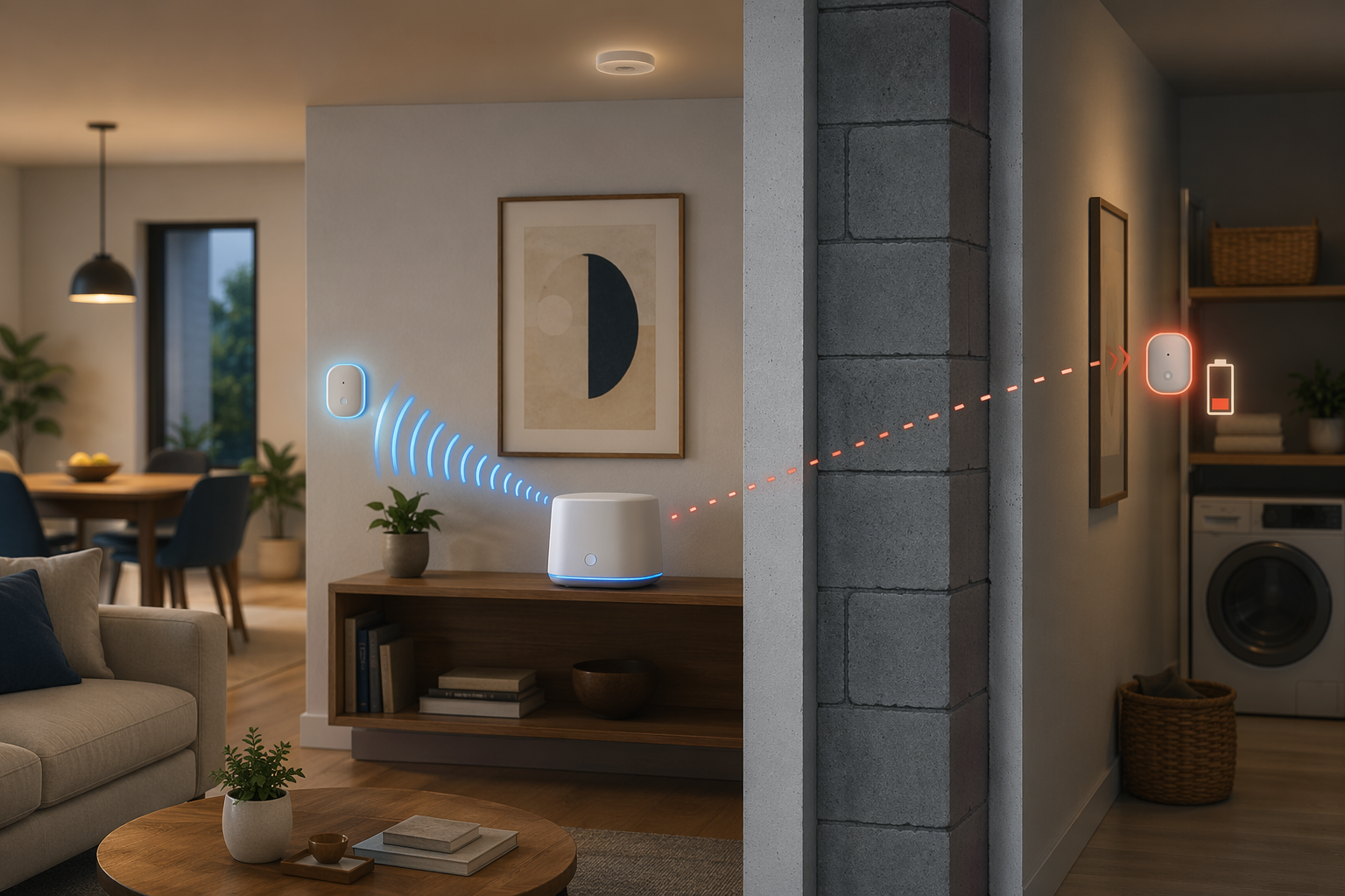 Smart home hub on a shelf with one nearby sensor showing strong signal and one distant sensor behind a wall showing weak signal and a depleted battery