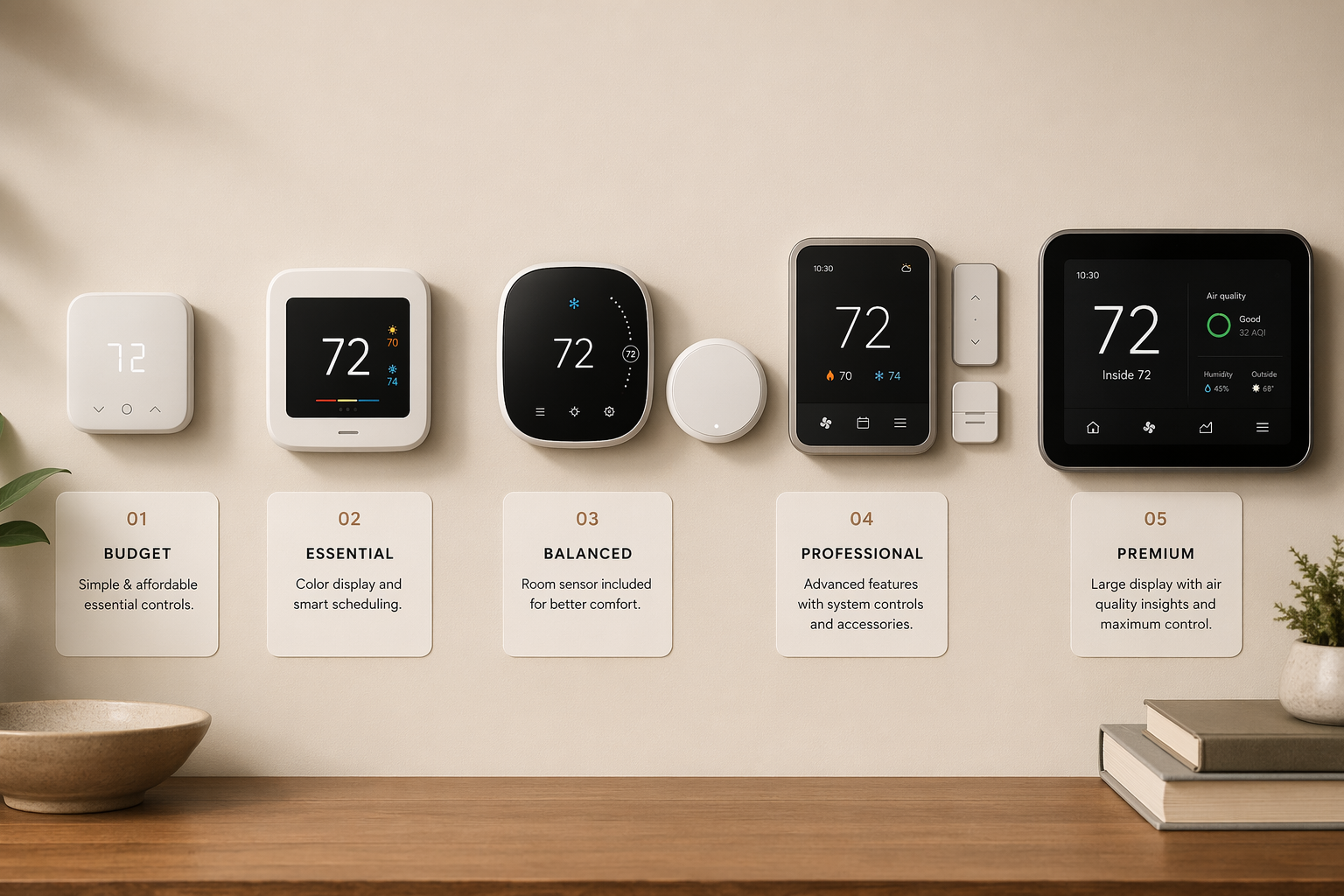 Five stylized smart thermostats arranged from budget model to premium large-screen model