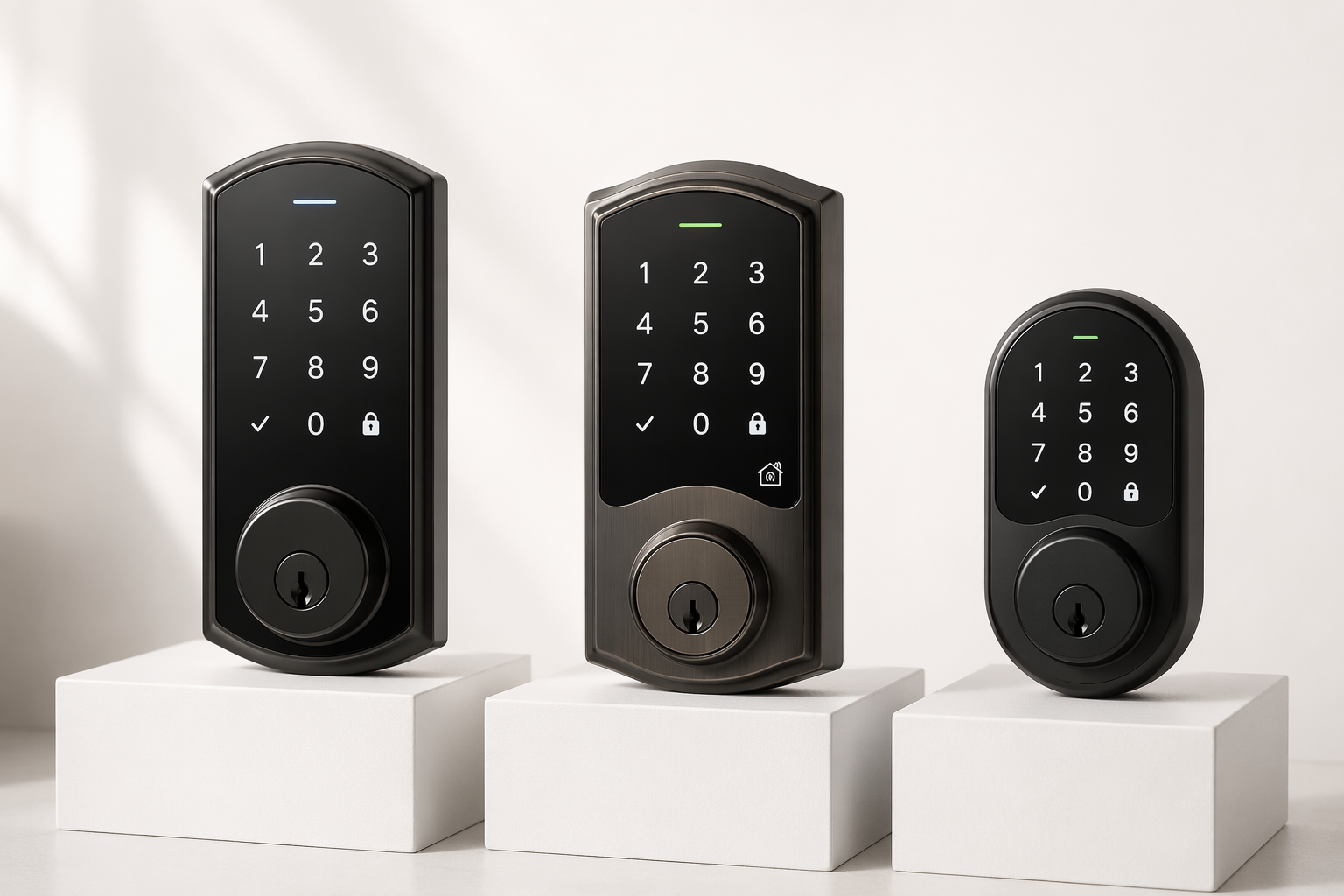Halo Select, Halo Select Plus, and Aura Reach Kwikset smart locks shown side by side