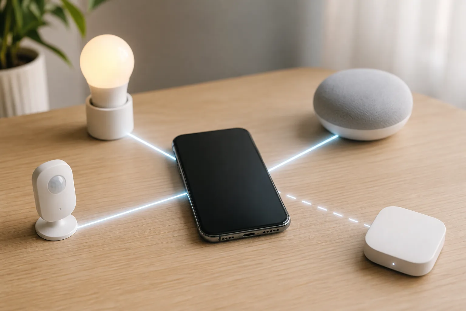 Flagship smartphone surrounded by smart-home devices with a dashed connection toward a separate router node