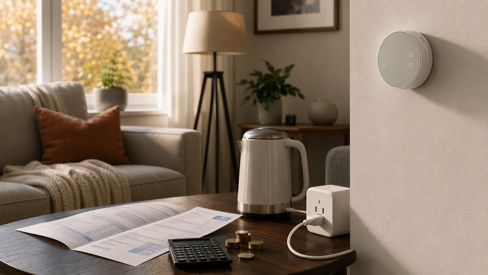 Smart thermostat and smart plug beside an energy bill, calculator, and coins in a British living room