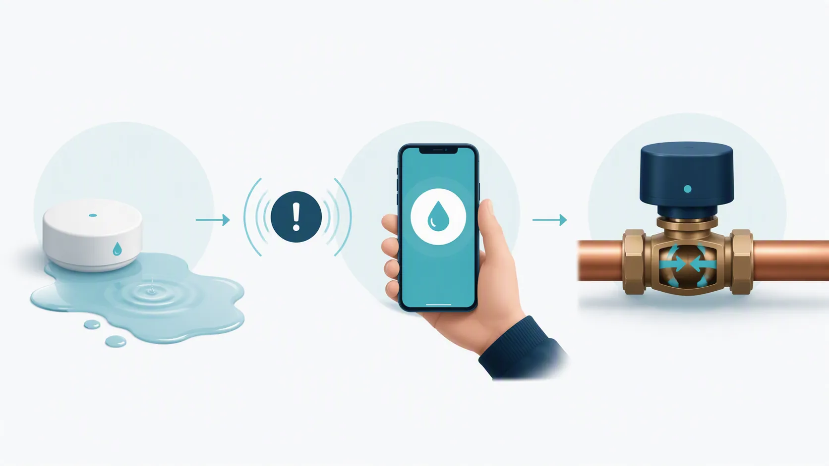Leak-prevention chain showing a sensor by a puddle, an alert sent to a smartphone, and a shutoff valve closing on a pipe