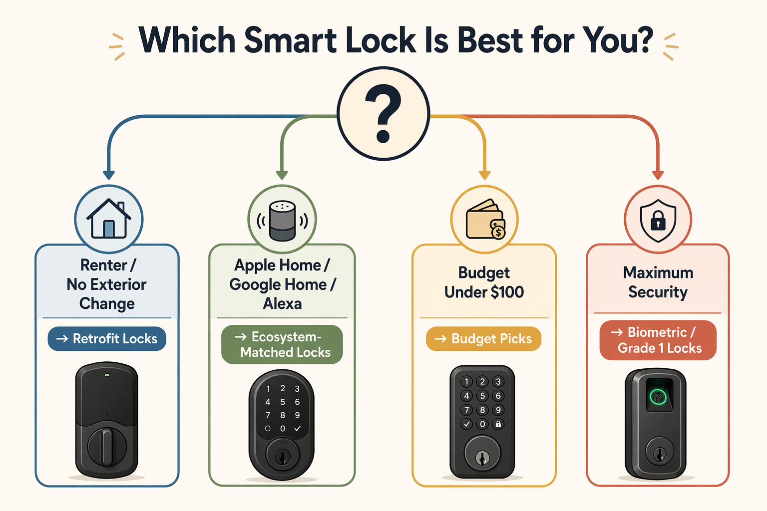 A decision flowchart titled 'Which Smart Lock Is Best for You?' with four main branches: Renter, Ecosystem, Budget, Maximum Security.