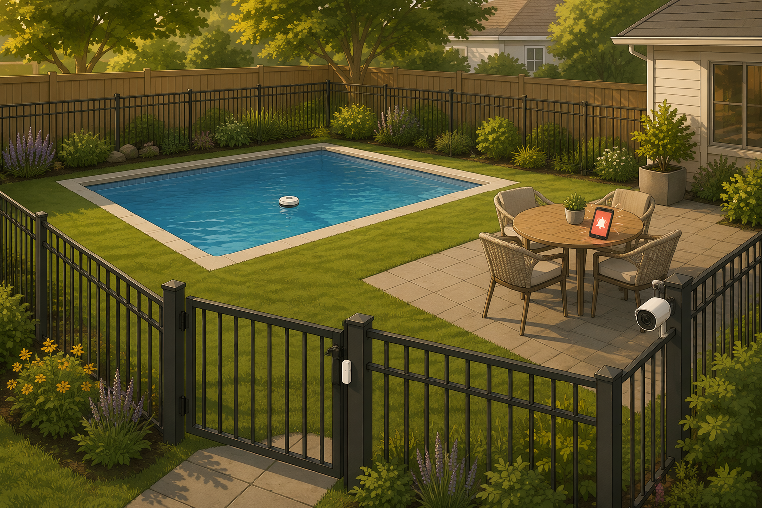 Backyard pool with a four-sided fence, gate contact sensor, floating water alarm, camera, and phone alert