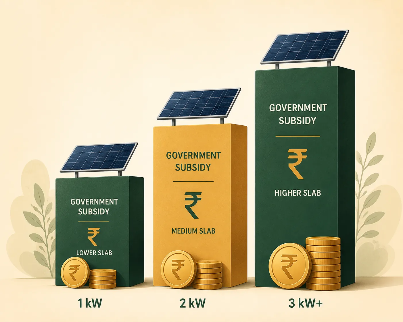 Illustration of 1 kW, 2 kW, and 3 kW plus rooftop solar subsidy tiers with rupee coins