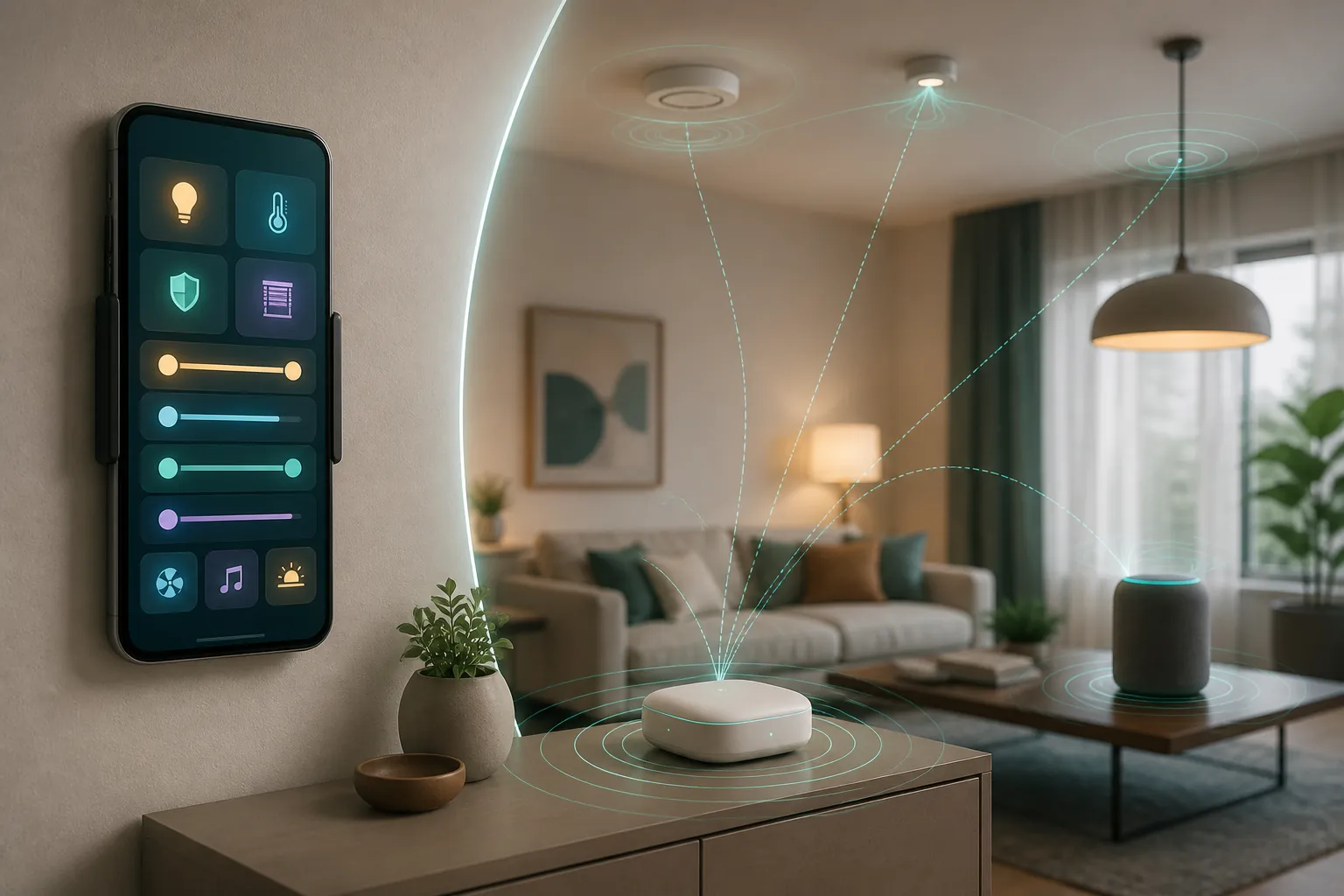 Wall-mounted smartphone dashboard separated from a dedicated smart home hub handling wireless links to sensors and lamps