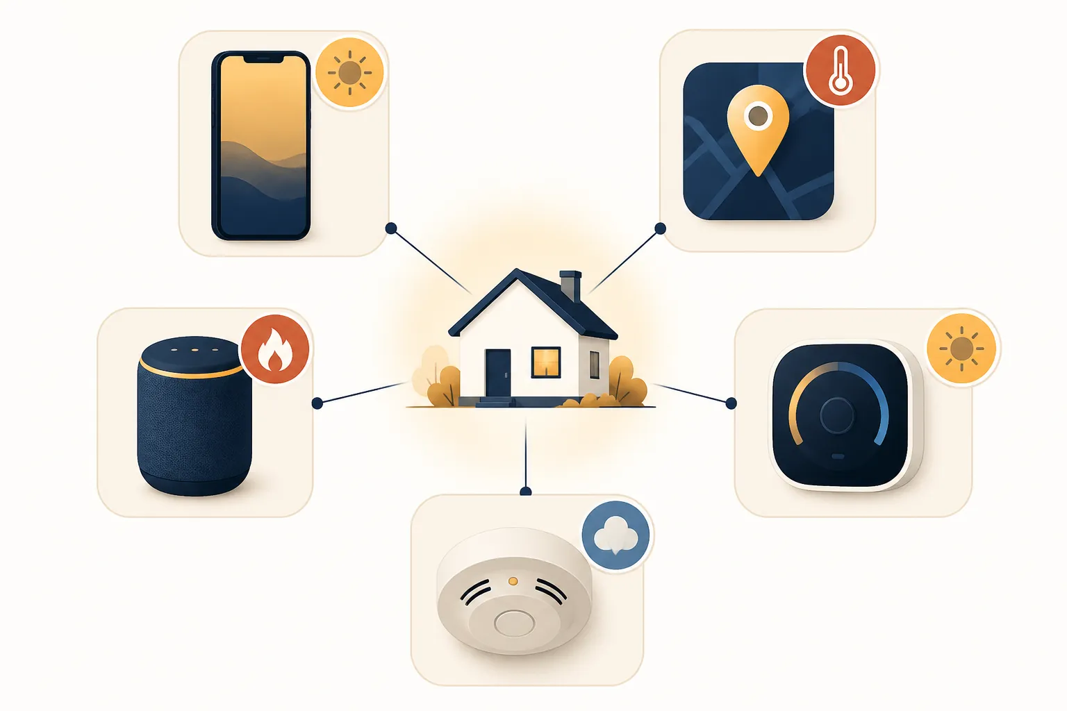 Channel map connecting a house to phone, app, smart speaker, thermostat, and smoke detector alert layers