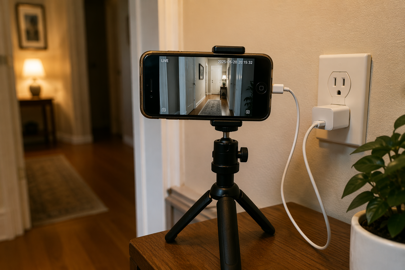 Older iPhone mounted on a small tripod in a hallway and plugged into wall power