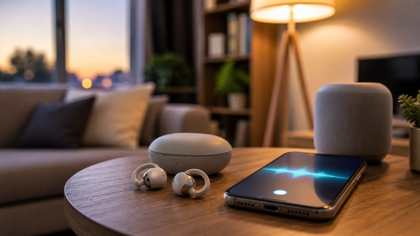 Open-ear clip earbuds and charging case beside a smartphone showing a voice assistant waveform in a living room