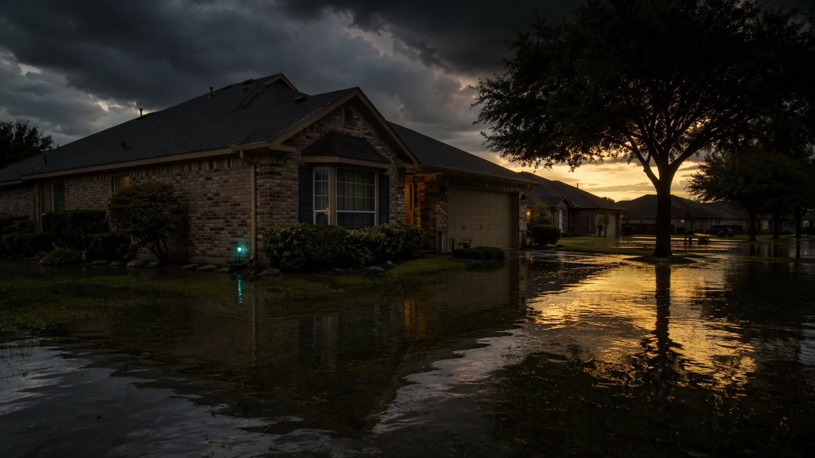 Single-story Houston brick house under a dark storm sky with shallow floodwater and a glowing water-detection node
