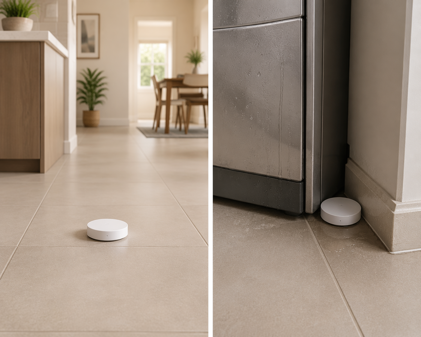 A side-by-side comparison of a smart flood sensor in correct open-floor placement and another placed too close to a kitchen appliance with subtle moisture cues.