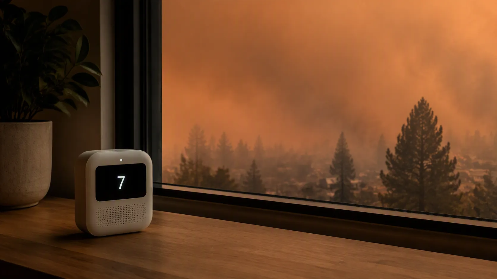 Smart air quality monitor on a table in front of a window with wildfire smoke outside