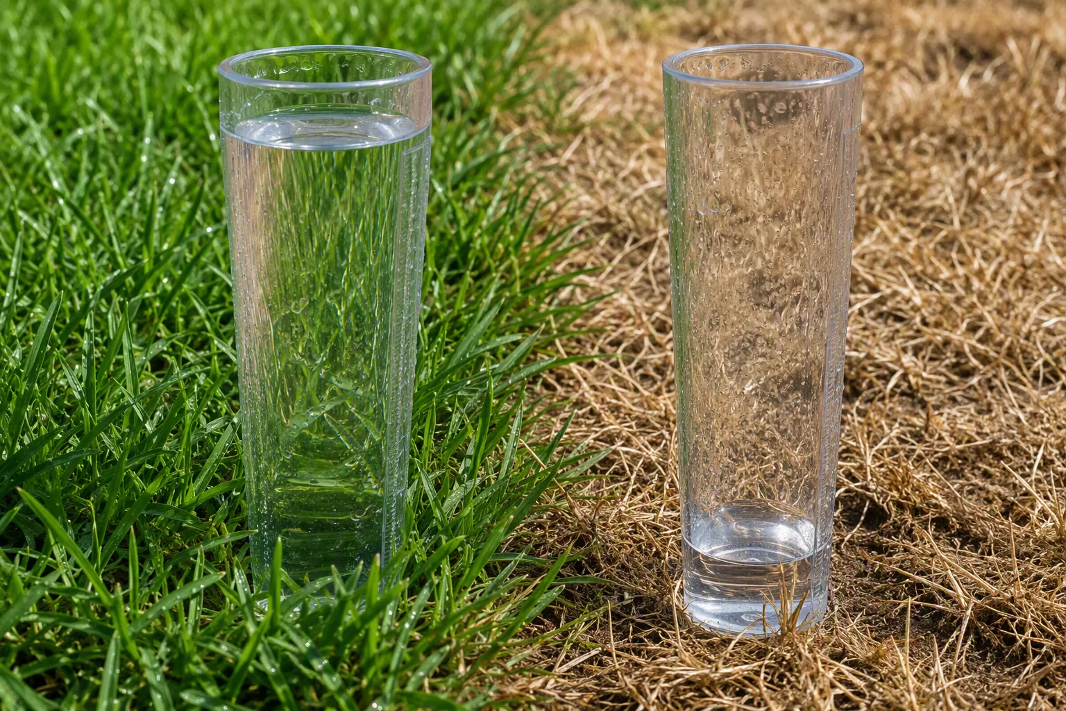 Two rain gauges after watering showing a higher water level in green grass and a shallow level in brown grass