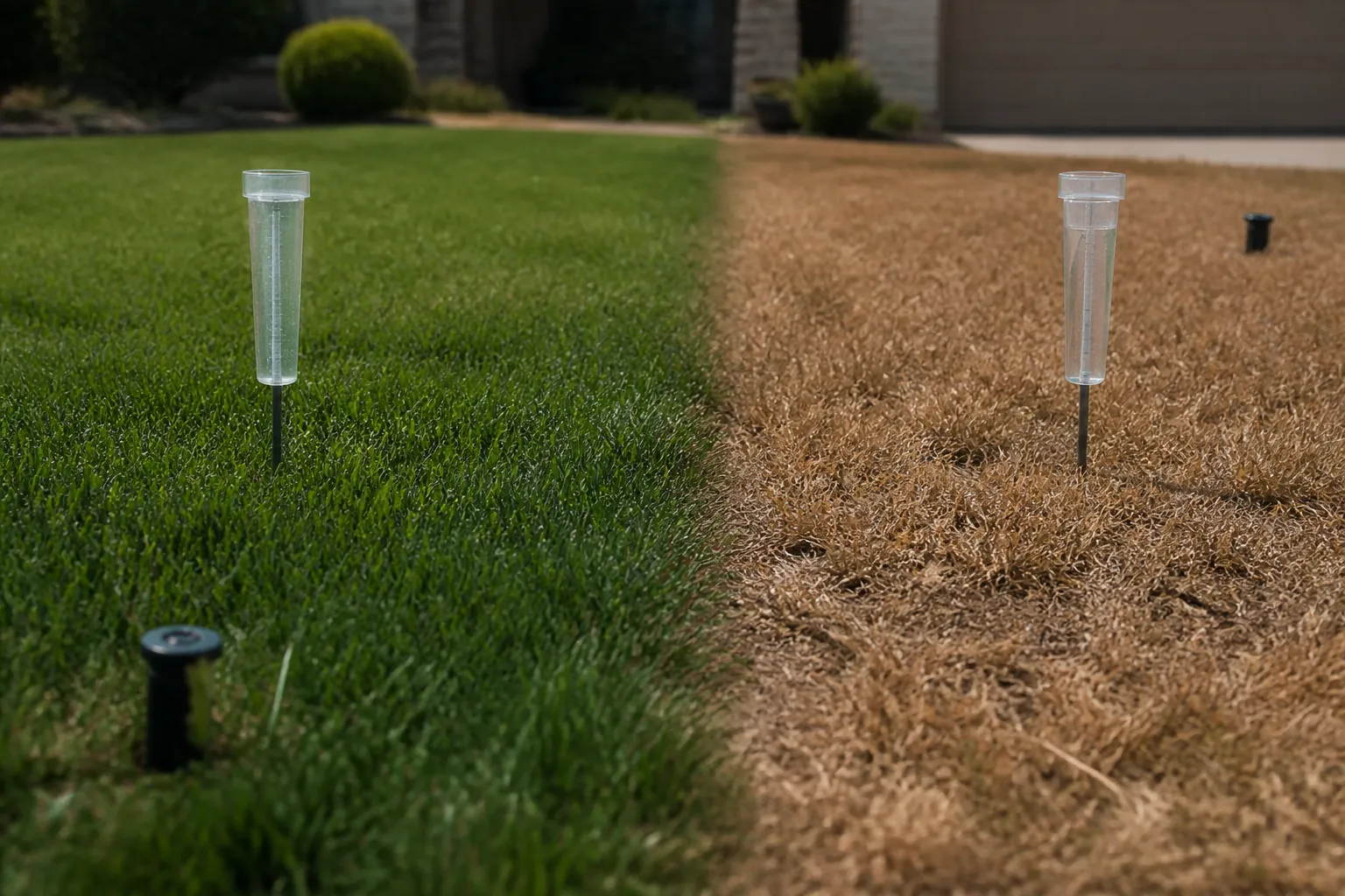 Split suburban lawn with a green section, a brown patch, two rain gauges, and visible sprinkler heads