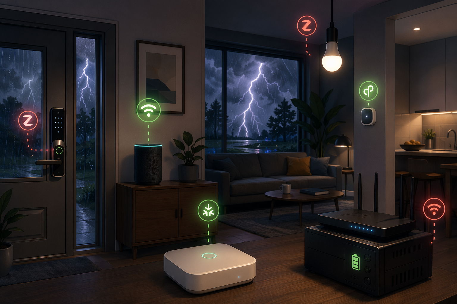 Dark house interior during a storm with smart home devices showing stable and unstable protocol icons