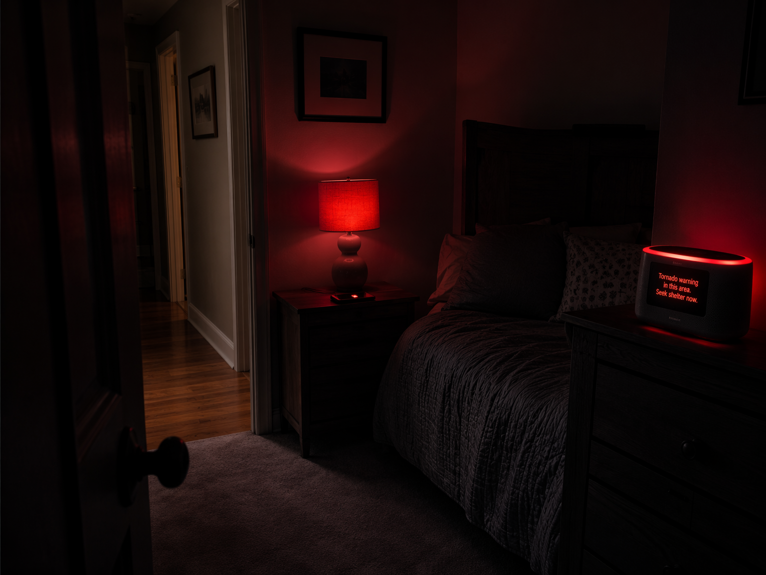 Bedroom at night with a muted phone tornado alert while a smart speaker and lamp issue a louder warning