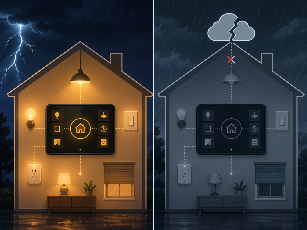 Split illustration of a smart home control panel that keeps local devices working during an internet outage versus a cloud-dependent panel that loses control