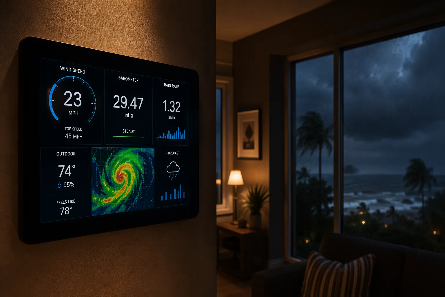 Weather station console glowing in a coastal home at night during heavy rain
