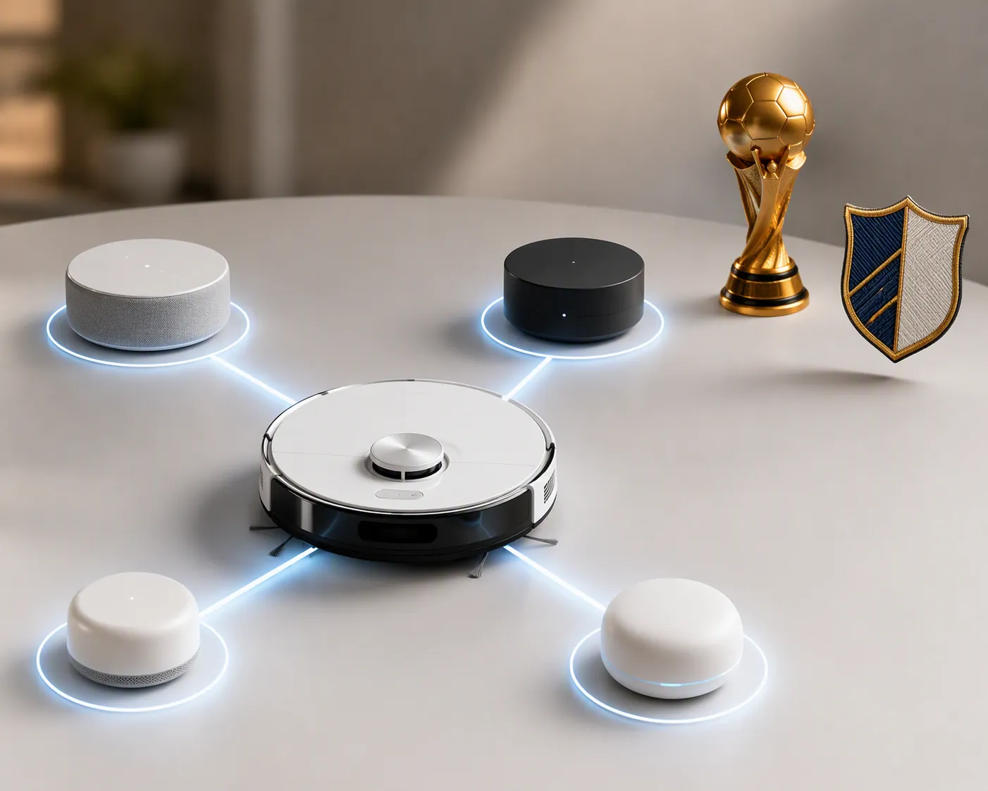 Robot vacuum connected to smart-home hubs while a football trophy and club crest sit outside the connection paths