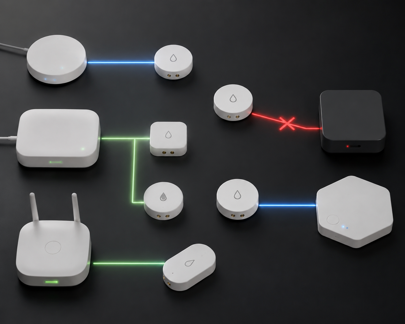 Smart home sensors and hubs showing compatible and mismatched protocol paths