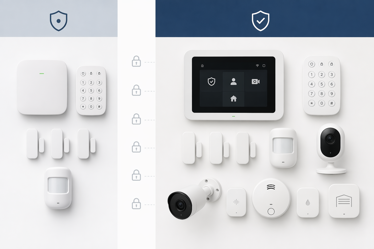 Comparison of basic HomeProtect equipment beside a larger HomeProtect Pro equipment setup