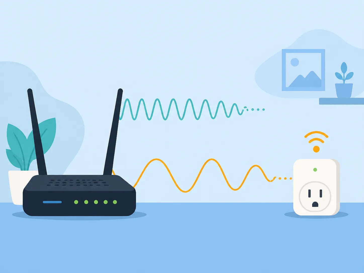 Dual-band router illustration with a small smart plug connecting to the 2.4 GHz signal