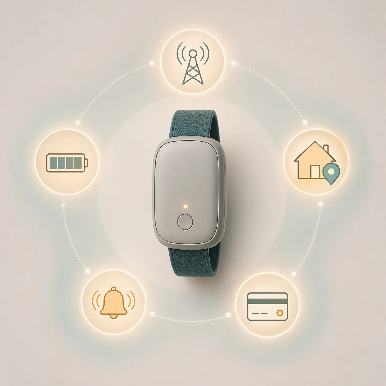 Wearable tracker surrounded by icons for network, battery, home location, alerts, and subscription