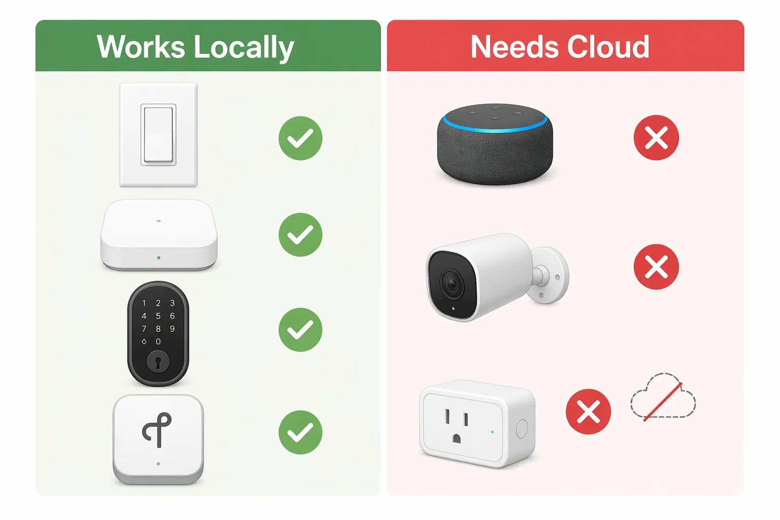 Comparison of smart home controls that may still work locally versus devices that may fail during an internet outage