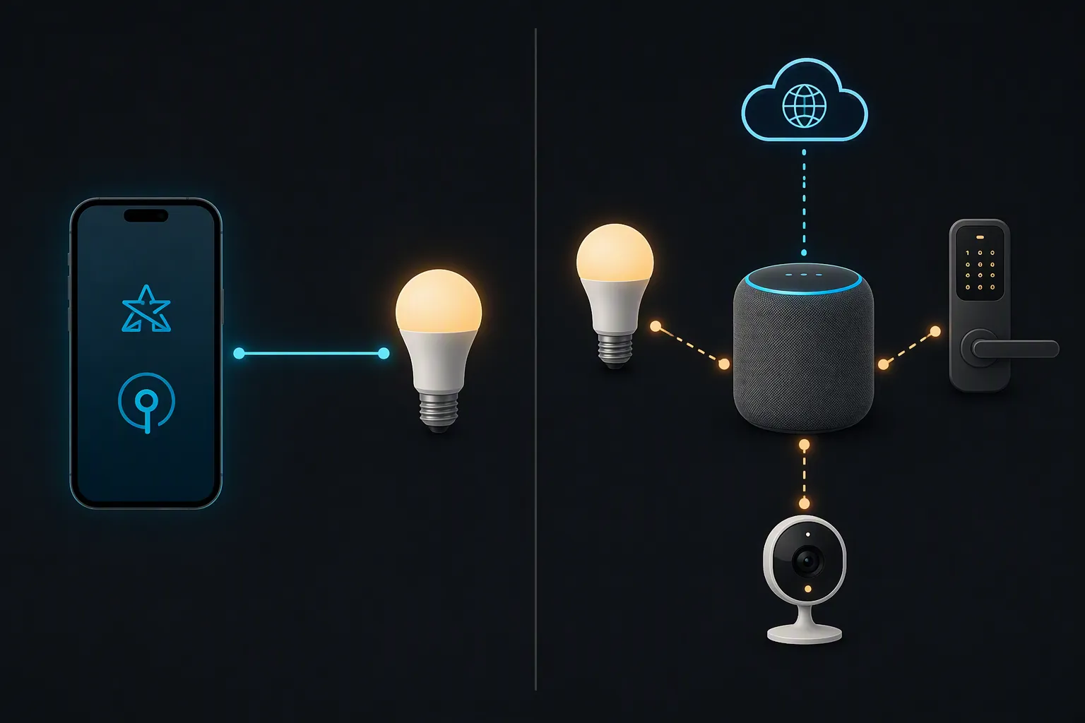 Phone pairing directly with one Thread light while a separate speaker connects a wider smart-home mesh