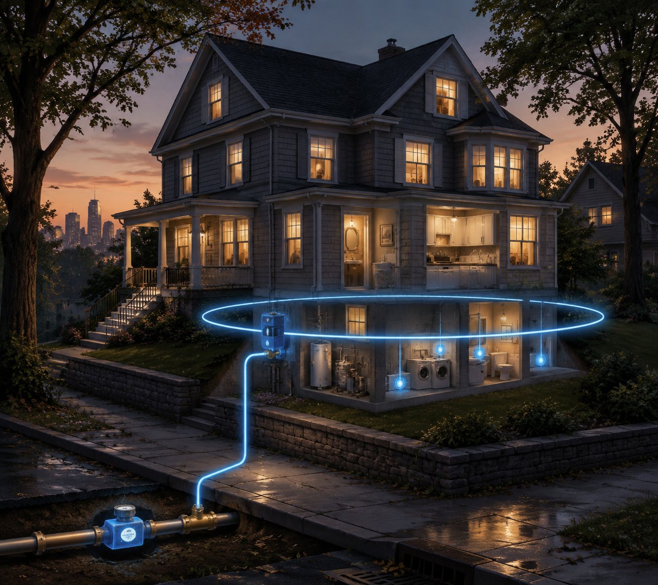 Suburban New Jersey home with visualized whole-home monitor, shutoff valve, and point leak sensor protection layers