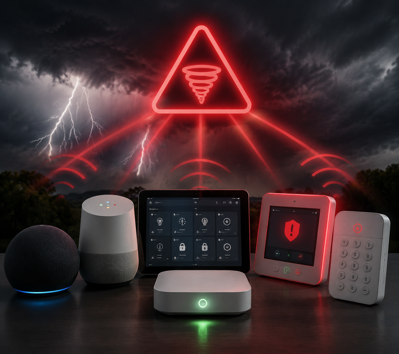 Smart home devices under a storm sky with some devices showing active severe weather alerts