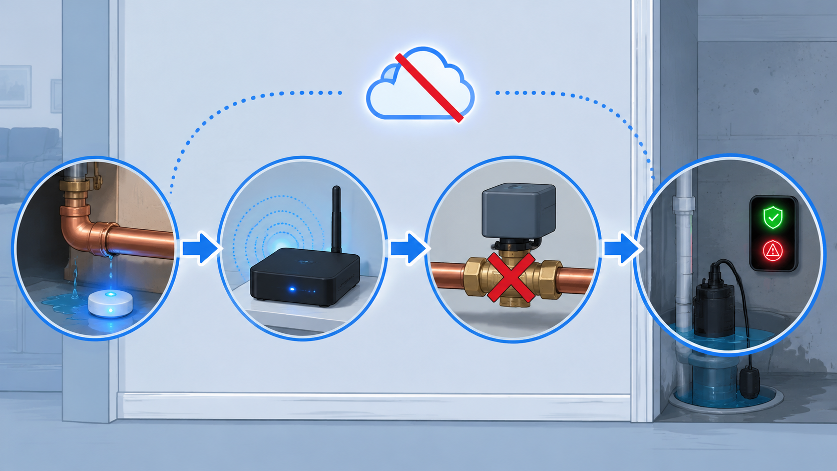 Workflow diagram showing a leak sensor triggering a local hub to close an automatic valve without Wi-Fi