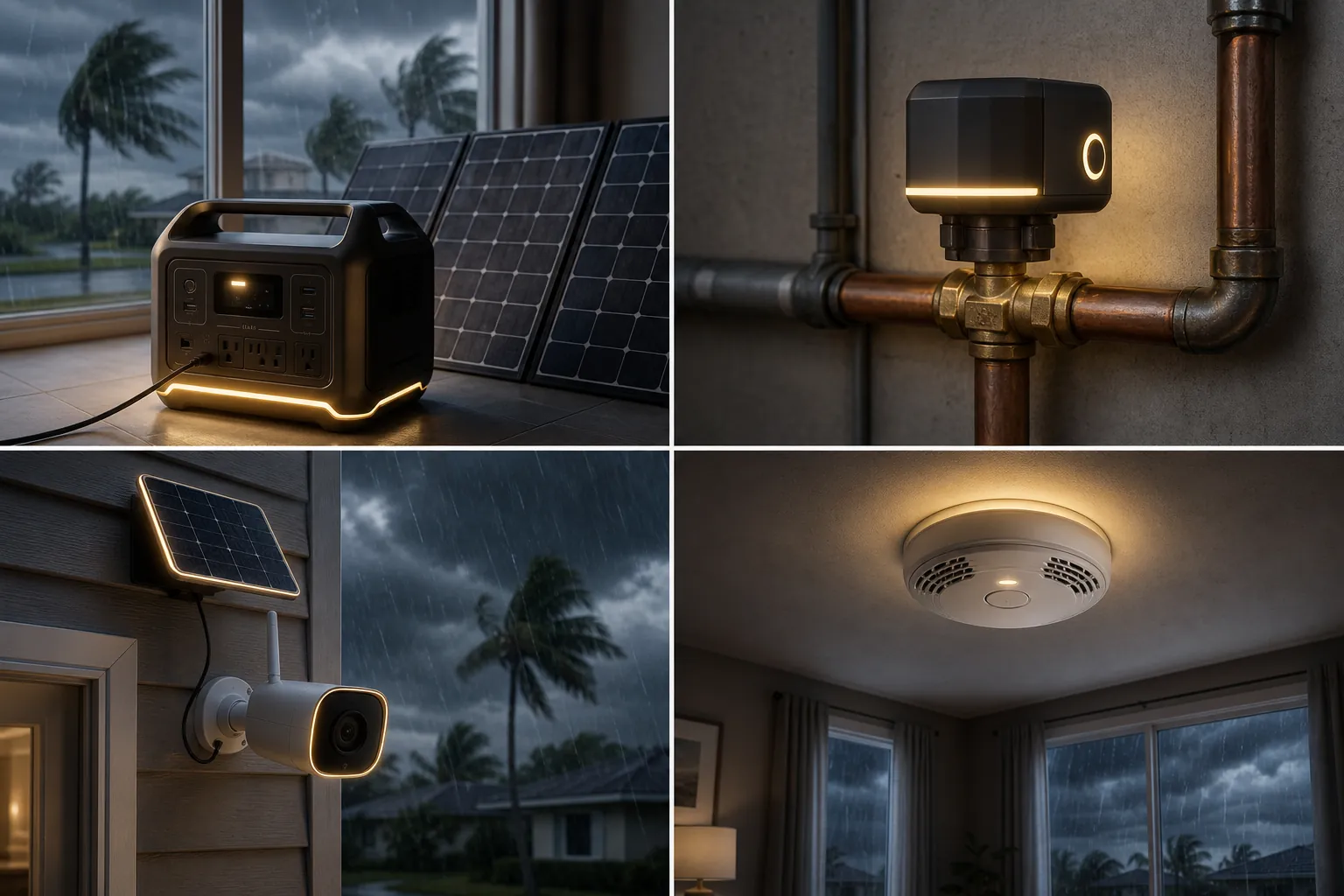 Four hurricane-ready smart home devices operating during a storm outage: portable power station, water shutoff valve, cellular camera, and smoke/CO alarm