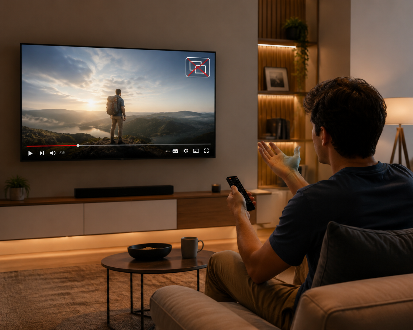 Person on a couch using a TV remote while a YouTube video shows Picture-in-Picture unavailable