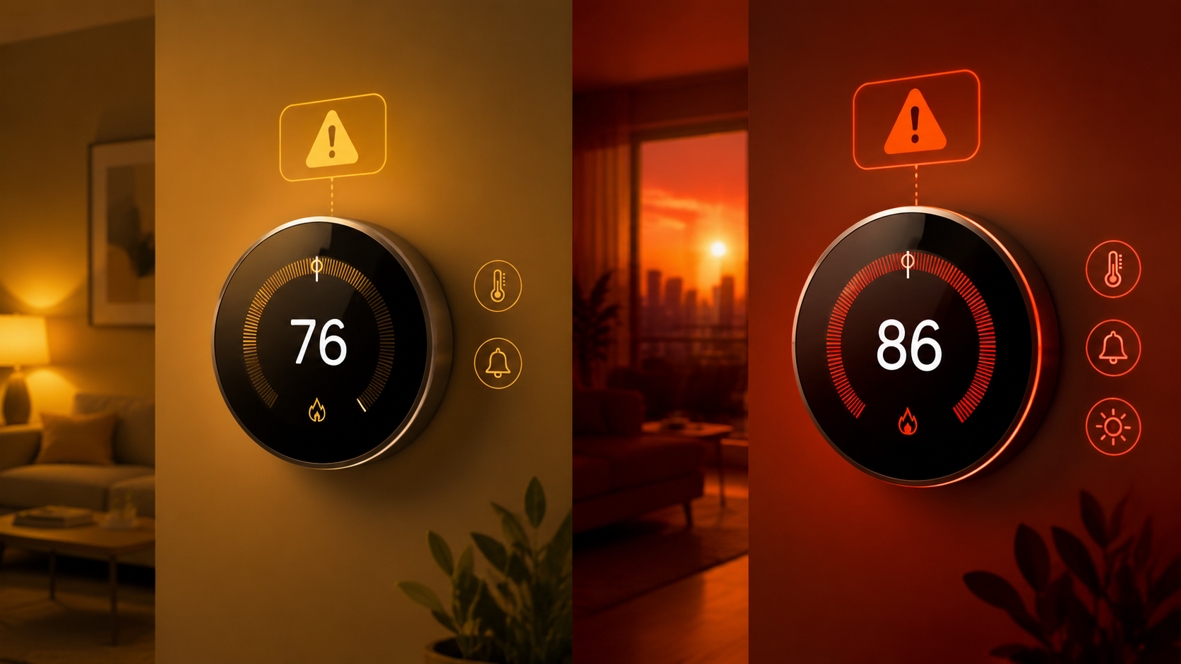 Side-by-side smart thermostat illustration comparing Heat Advisory and Extreme Heat Warning states