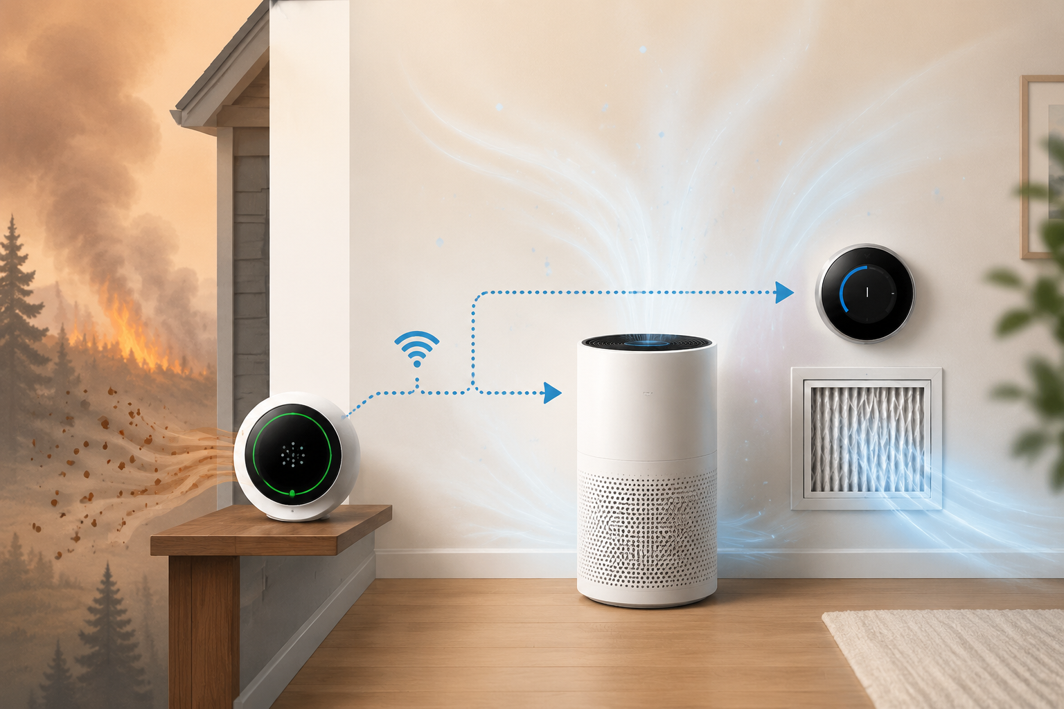 Workflow showing PM2.5 smoke detection triggering a smart purifier and thermostat with MERV 13 continuous fan filtration