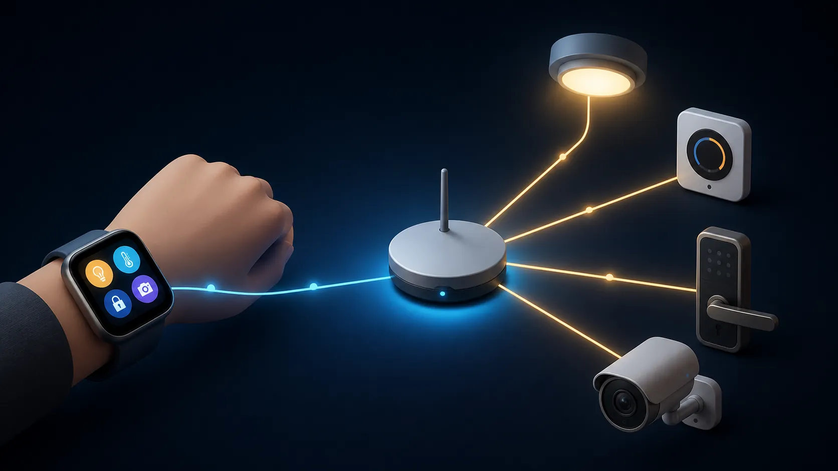 Smartwatch sending controls through a hub to lights, thermostat, lock, and camera