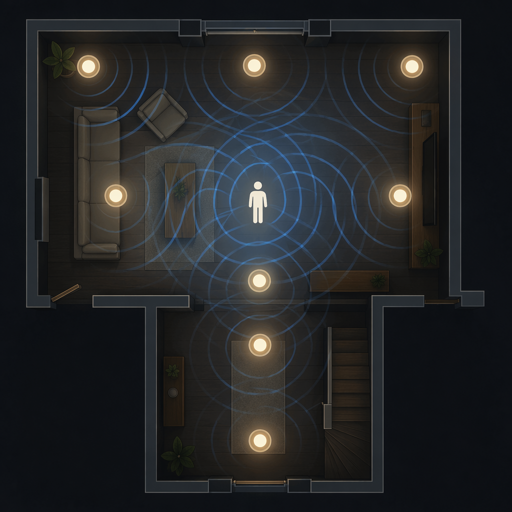 Floor plan showing Hue lights using overlapping Zigbee signal waves for presence detection